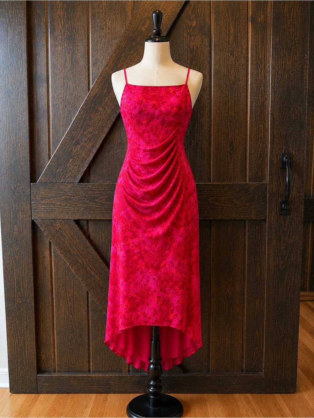 City Triangles Vintage Y2K Pink Floral Slip Dress Ruched Handkerchief Hem Midi